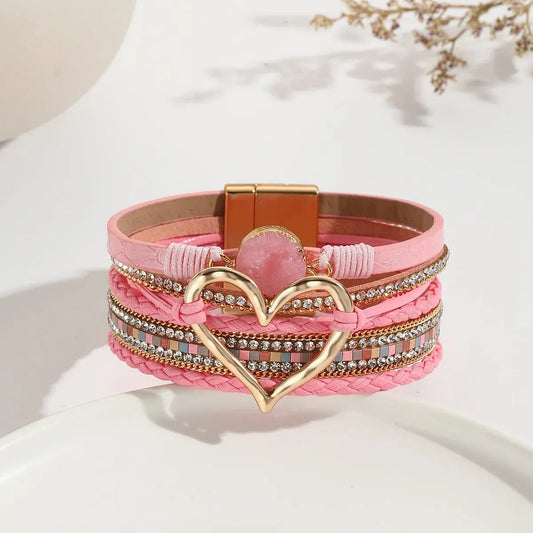Luckacco New Metal Love Heart Charm Leather Bracelets for Women Fashion Bohemian Rhinestone Resin Wrap Bracelet Bangle Couple Jewelry