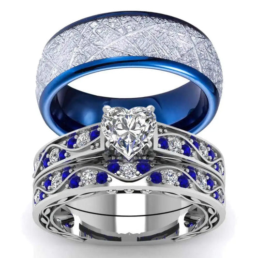 Luckacco Fashion Couple Rings Romantic Women Heart Zircon Stone Rings Set Men's Blue Stainless Steel Ring Wedding Party Jewelry Gifts