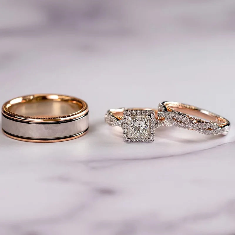 luckacco 18k rose gold princess real diamond ring for women anillos mujer bizuteria gemstone femme loves jewelry set rose gold rings