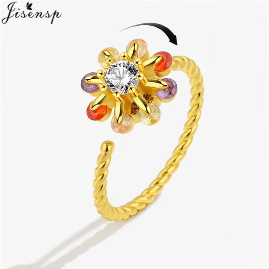 Luckacco Fashion Fidget Spinner Ring Anxiety for Women Multiple Crystal Sunflower Finger Rings Rotate Anti Stress Jewelry Wedding Gift