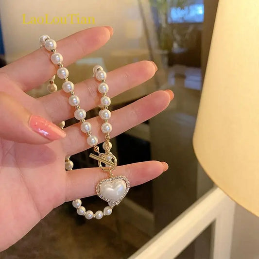 Luckacco Korean Elegant Pearl Beads Necklace for Women Fashion Rhinestone Shell Heart Pendant Necklace Girl Charms Vintage Choker Jewelry