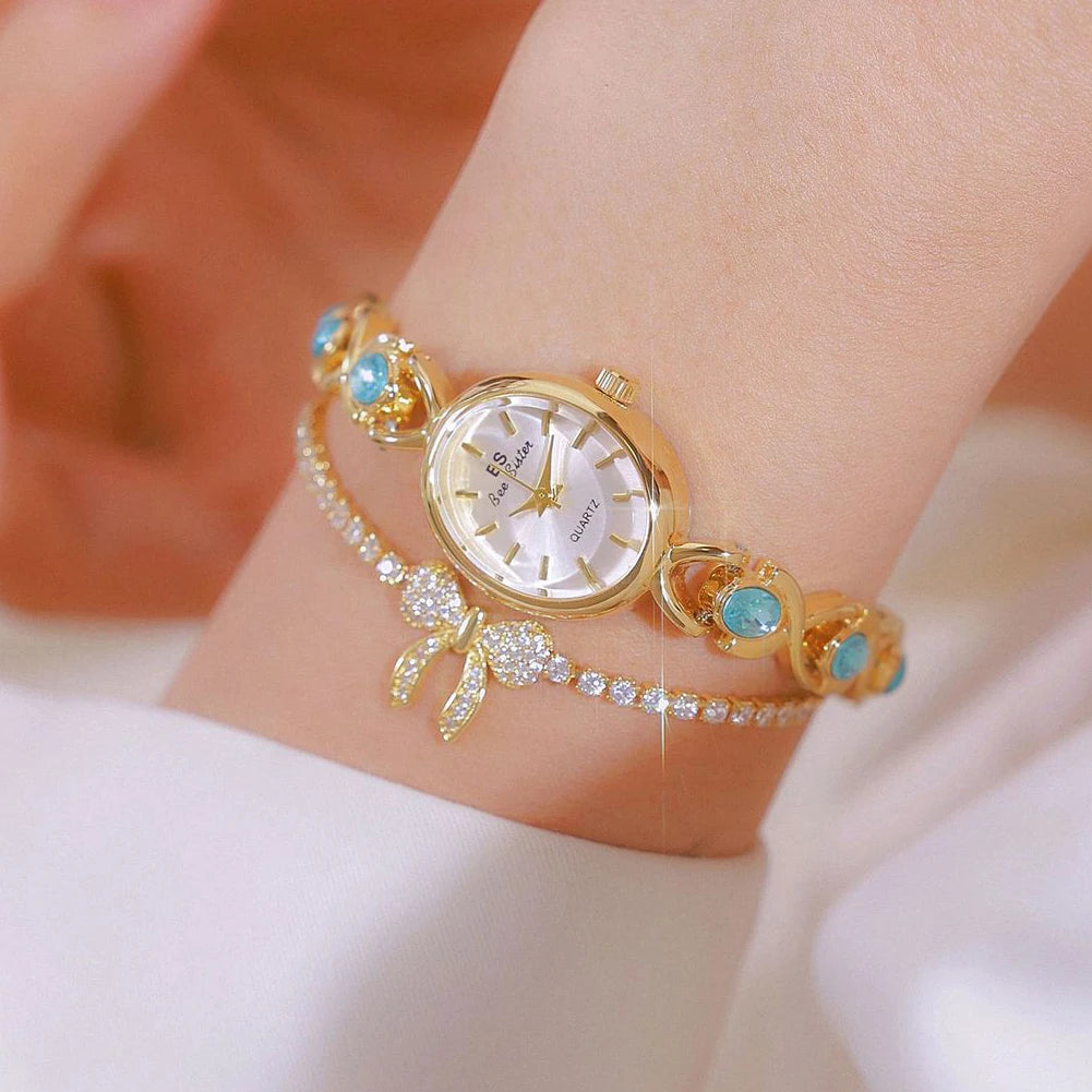 luckacco blue jewel oval bracelet watch luxury crystal quartz watches for woman vintage gold silver jade wristwatch gifts for women