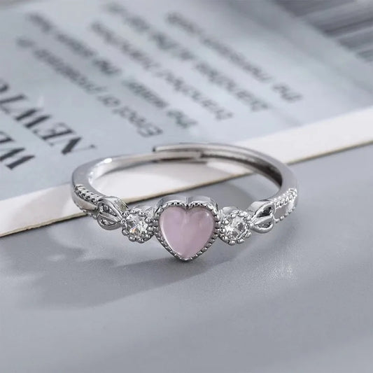 Luckacco Vintage Silver Color Ring Pink Heart Opal Creative Finger Ring Aesthetic Cute Punk Rings for Women Charm Jewelry Accessories