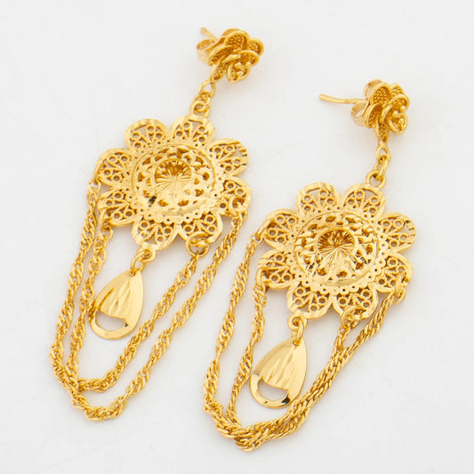 Luckacco African 18k Gold Color Jewelry Set for Women Flower Design Necklace and Earrings 2Pcs Set for Weddings Party Jewelry Dubai Gift