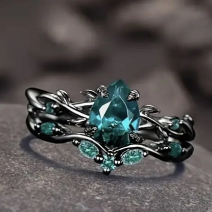 Luckacco Luxury Black Color Inlaid with Green Stone Rings Set Round Flower Fashion Party Engagement Wedding Rings for Women Jewelry