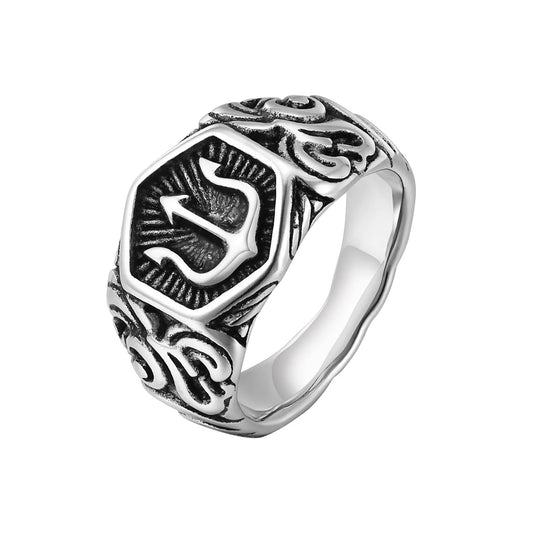 Luckacco 13.3mm Poseidon Trident Ring for Men Ancient Greek New Stainless Steel Amulet Ring Jewelry Gift