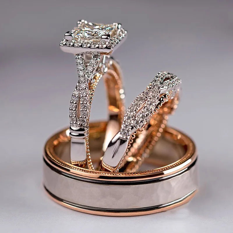 luckacco 18k rose gold princess real diamond ring for women anillos mujer bizuteria gemstone femme loves jewelry set rose gold rings