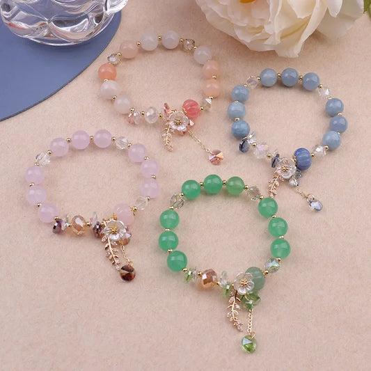 Luckacco Fashionable Natural Stone Crystal Bracelets Women's Light Luxury Leaf Flower Pendant Beaded Bracelet Girlfriend Party Jewelry