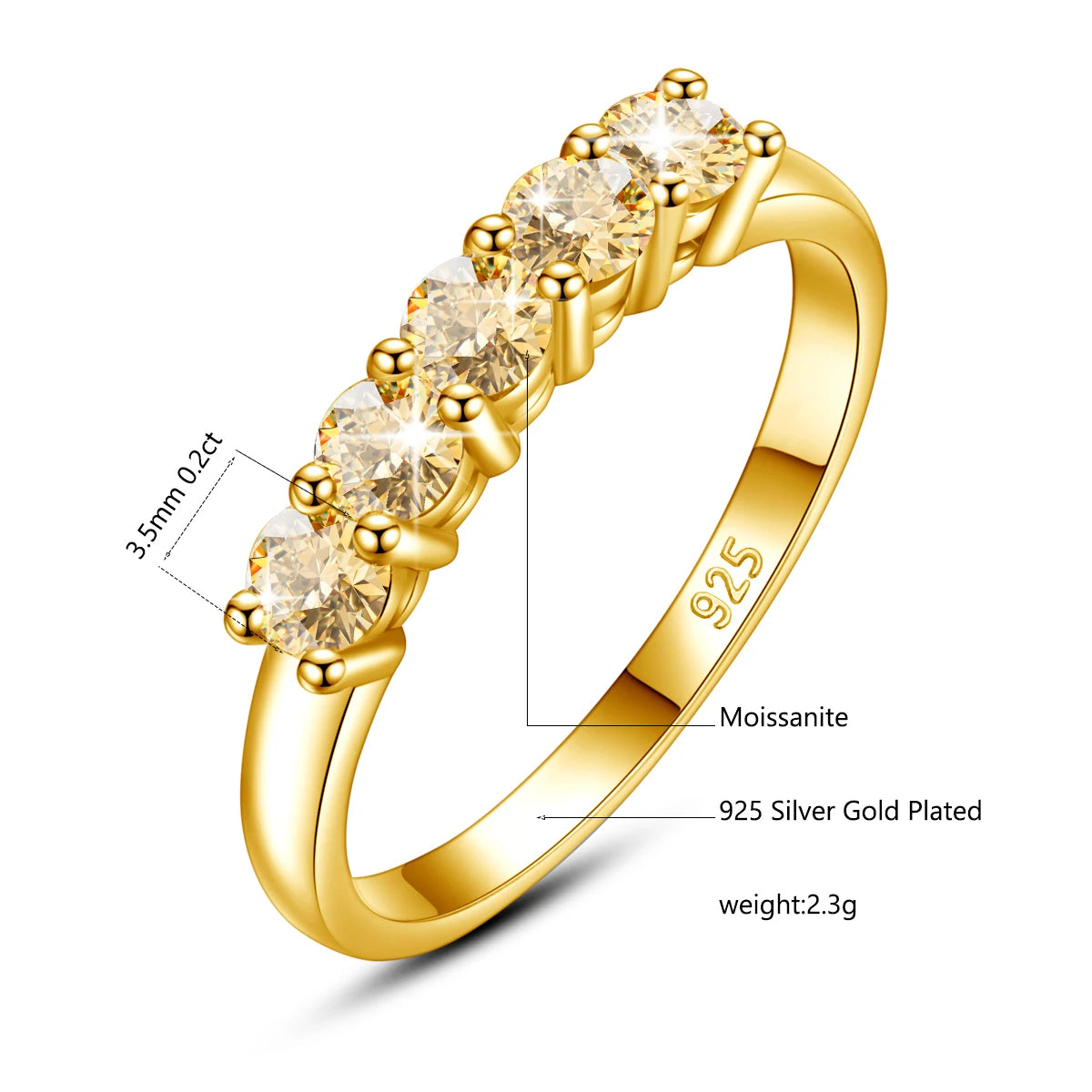 luckacco certified natural original champagne yellow moissanite ring 1.0ct 5 stone wedding band for woman engagement jewelry gift female