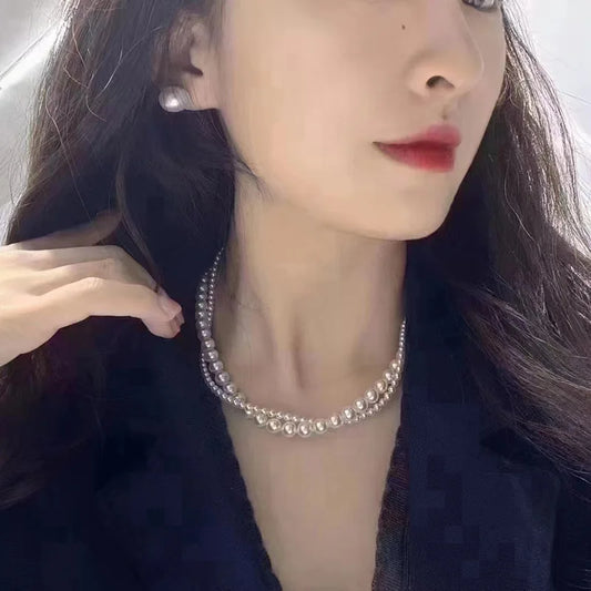 Luckacco Stacked Wearing Double-layered Pearl Necklace Women's Simple Design Clavicle Chains Elegant Short Choker Jewelry for Party