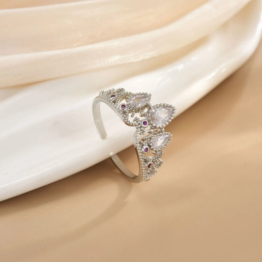 Luckacco Rapunzel Ring For Woman Fashion Wedding Party Jewelry Accessories Gold Plated Adjustable Powder Crystal Princess Crown Ring Gift