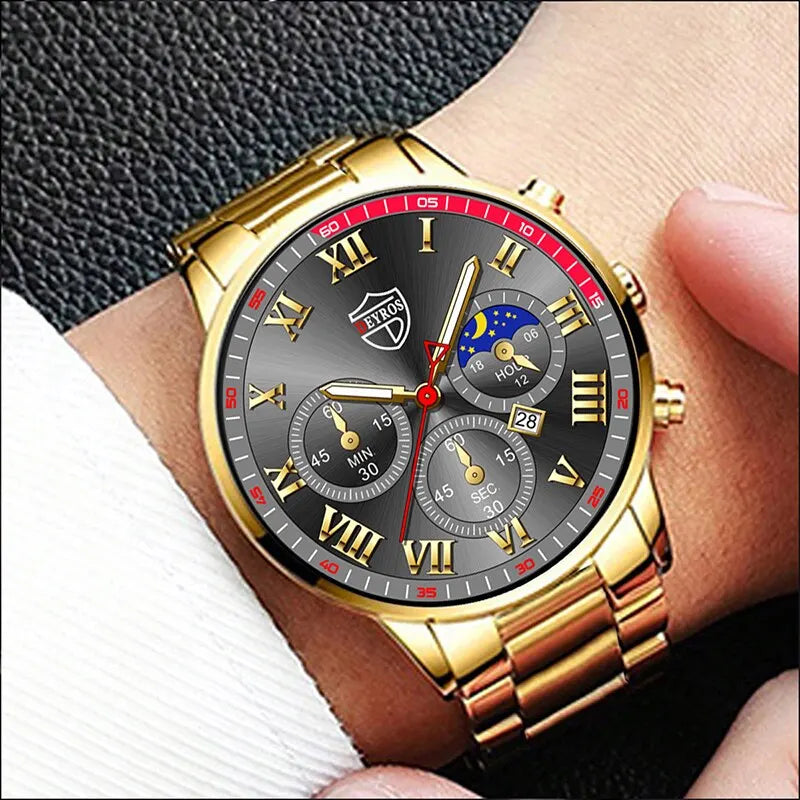 luckacco 2pcs fashion mens calendar watches luxury male stainless steel quartz wristwatch luminous clock men bracelet wrist watch