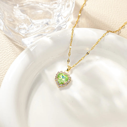 Luckacco Stainless Steel Chain Classic Shiny Colorful Zircon Heart Pendant Necklace for Women Lady Vintage Jewelry Accessories Gifts
