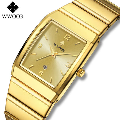 Luckacco Relogio Masculino WWOOR New Man's Square Watch For Men with Automatic Date Luxury Stainless Steel Gold Mens Quartz Wrist Watches