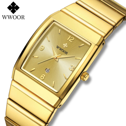 Luckacco Relogio Masculino WWOOR New Man's Square Watch For Men with Automatic Date Luxury Stainless Steel Gold Mens Quartz Wrist Watches