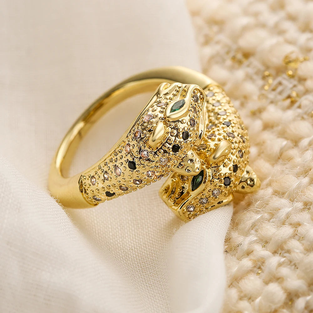 luckacco newbuy new high quality gold-plated zircon hip-hop style rings fashion delicate leopard ring women's party jewelry accessories