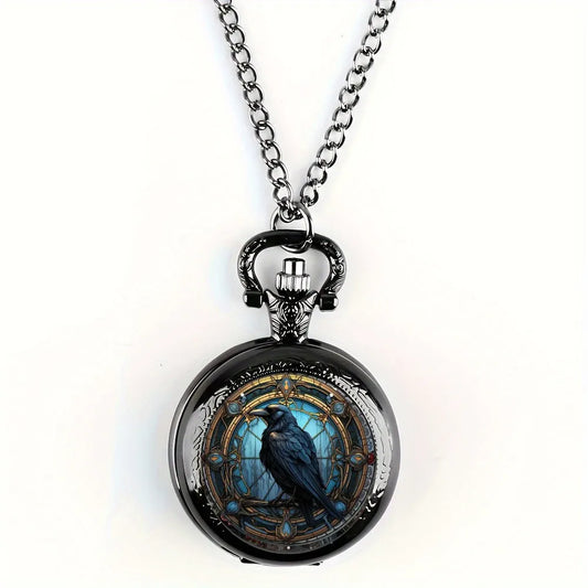 Luckacco Unique Vintage Black Crow Mini Quartz Pocket Watch,Necklace Pendant With World Time Feature, Ideal Gift For Men & Women and Kids