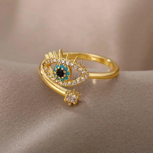 Luckacco Silver Plated Evil Eye Rings for Women Stainless Steel Turkish Zircon Demon Eye Couple Ring Vintage Emo Jewelry Anillos Mujer