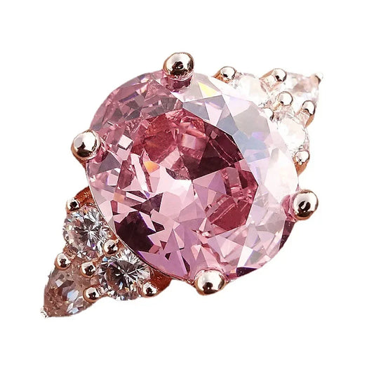 Luckacco Big Oval Stone Pink Zircon Ring Female Luxury Crystal Engagement Rings For Women Vintage Rose Gold Silver Color Wedding Jewelry