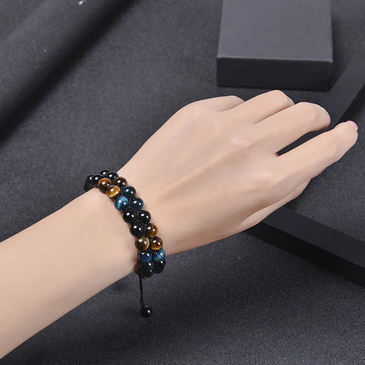 Luckacco 8MM Natural Tiger Eye Stone Adjustable Bracelet Double Layer Hand Woven  Row Strand Beaded Bangles Couple Party Jewelry