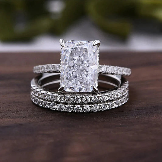 Luckacco Wong Rain Solid 925 Sterling Silver Crushed Ice Cut 7*10MM Lab Sapphire Gemstone Ring Sets 3Pcs Fine Jewelry Wedding Party Gifts