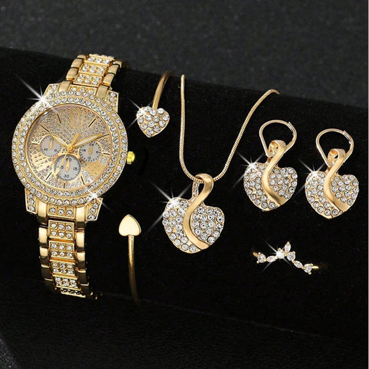 Luckacco Women's Quartz Watch Gold Luxury Women Ring Necklace Earring Rhinestone Fashion Wristwatch Casual Ladies Watches Jewelry Set ﻿