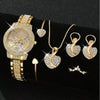 Luckacco Women's Quartz Watch Gold Luxury Women Ring Necklace Earring Rhinestone Fashion Wristwatch Casual Ladies Watches Jewelry Set ﻿
