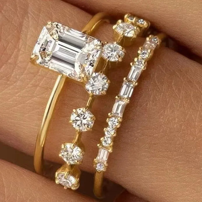 luckacco exquisite women rings gold color square round white stone rings set party accessories gift