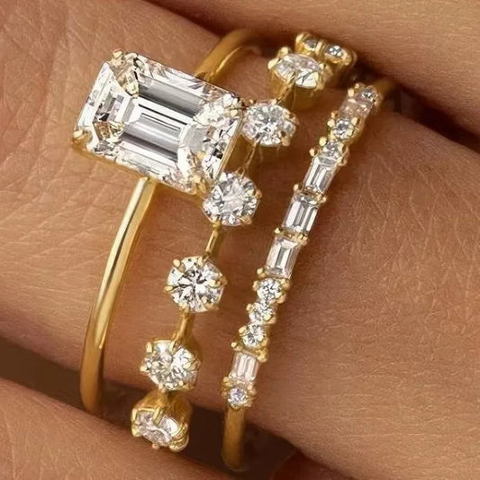 Luckacco Exquisite Women Rings Gold Color Square Round White Stone Rings Set Party Accessories Gift
