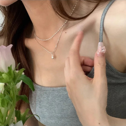Luckacco 925 Sterling Silver Simple Design Drop Pendant Necklace for Women Double Collar Chain Fashion Fine Jewelry Gifts