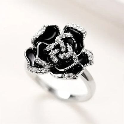 Luckacco 2025 New Black Flower Design Ring Women's Anniversary Gift, Bridal Bride with Shiny Zirconia Elegant Rhinestone Accessories