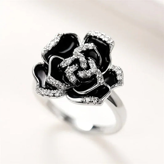 Luckacco 2025 New Black Flower Design Ring Women's Anniversary Gift, Bridal Bride with Shiny Zirconia Elegant Rhinestone Accessories