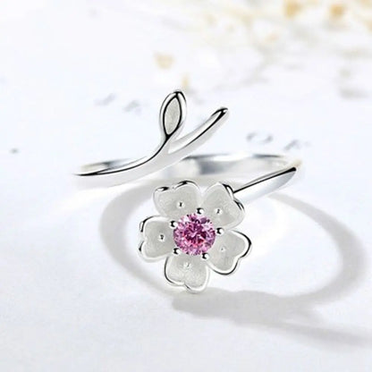 Luckacco Light Luxury Open Finger Ring Temperament Adjustable Cherry Blossom Cuff Ring Pink Rhinestone Elegant Daily Jewelry Female