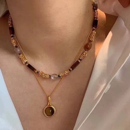 Luckacco Sun Star Zircon Necklace for Women Vintage Leather Necklace Double Layered Pendant Chain Choker Fashion Jewelry