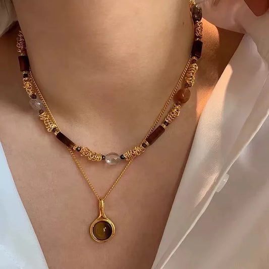 Luckacco Sun Star Zircon Necklace for Women Vintage Leather Necklace Double Layered Pendant Chain Choker Fashion Jewelry