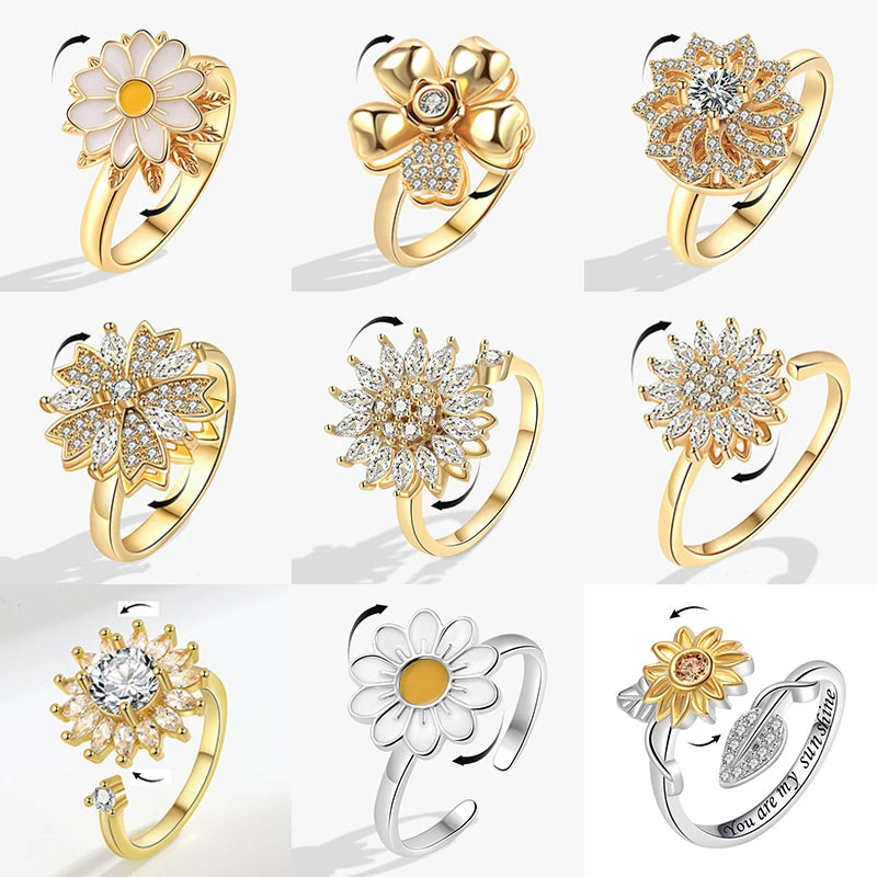 luckacco fashion fidget spinner ring anxiety for women multiple crystal sunflower finger rings rotate anti stress jewelry wedding gift