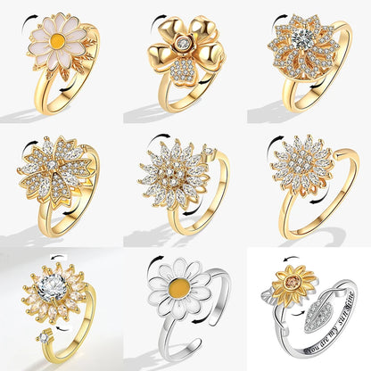Luckacco Fashion Fidget Spinner Ring Anxiety for Women Multiple Crystal Sunflower Finger Rings Rotate Anti Stress Jewelry Wedding Gift