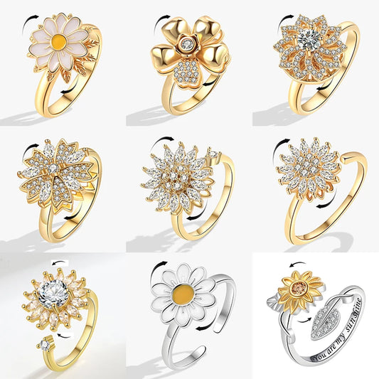 Luckacco Fashion Fidget Spinner Ring Anxiety for Women Multiple Crystal Sunflower Finger Rings Rotate Anti Stress Jewelry Wedding Gift