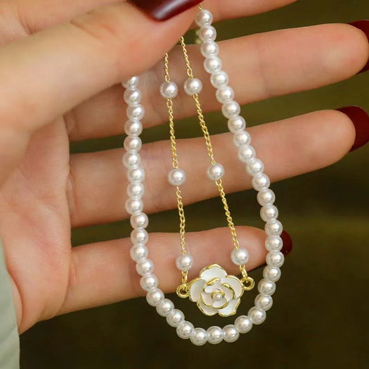 Luckacco Vintage White Camellia Flower Bracelets For Women Elegant Double Layer Simulated Pearl Beads Chain Bracelet Jewelry 2025 Trend