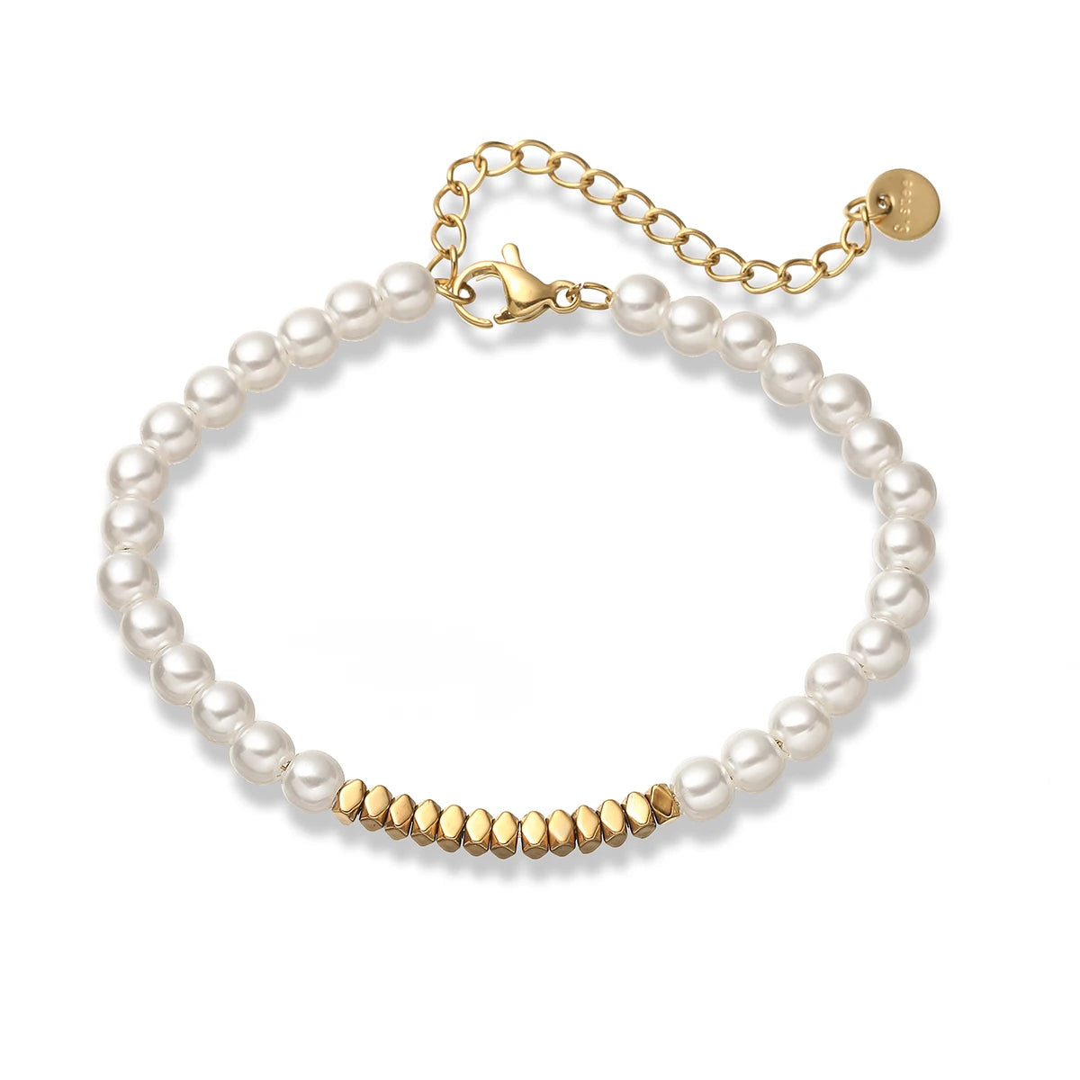 luckacco newbuy brand gold color stainless steel beads imitation pearl bracelet for elegant women non-fading jewelry