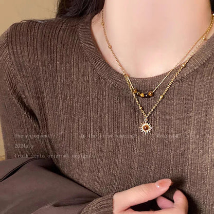 Luckacco Sun Star Zircon Necklace for Women Vintage Leather Necklace Double Layered Pendant Chain Choker Fashion Jewelry