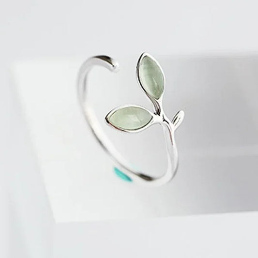 Luckacco Fashion Accessories Green Color Leaves and Twig Wrap Around Ring Silver Color Nature Inspired Fine Jewelry for Women Adjustable