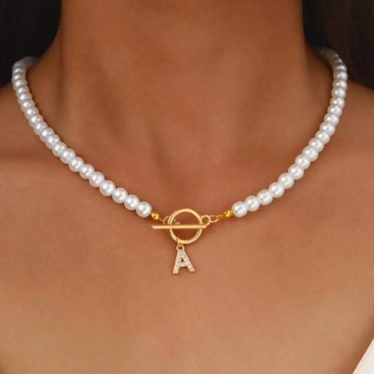 Luckacco Elegant Simulated-pearl Gold Color OT Buckle 26 Letters Pendant Necklace for Women Vintage Choke Collares Jewelry Girls Gifts