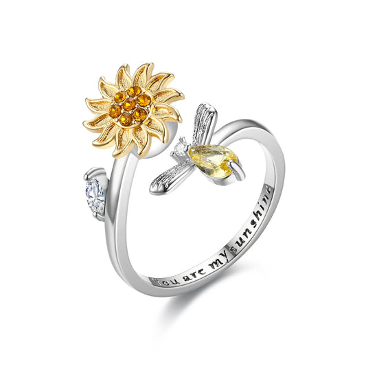 Luckacco Titanium Stainless Steel Ring For Women Rotate Rotating Anxiety Fidget Adjustable Rings Silver Color Jewelry Lovely Flower Bee