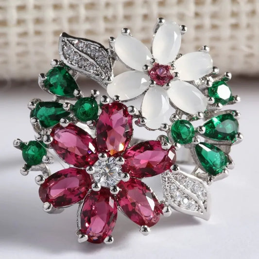 Luckacco Flower Collection ! Exquisite Colorful Cubic Zircon Flower Engagement Ring For Women Party Jewelry Hand Accessories Size 6-10