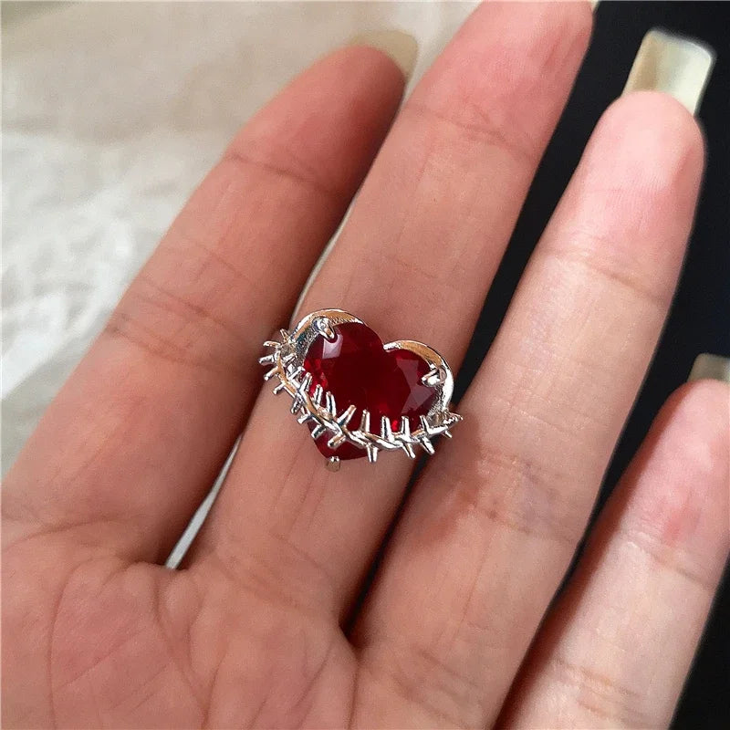 luckacco goth punk retro red crystal love heart cross geometry irregular open ring set y2k halloween accessories for women kpop jewelry