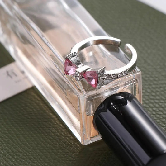 Luckacco Fashion Pink Bowknot Finger Ring Exquisite Sweet Bow-tie Ring Bowknot Adjustable Bowknot Opening Ring Weeding