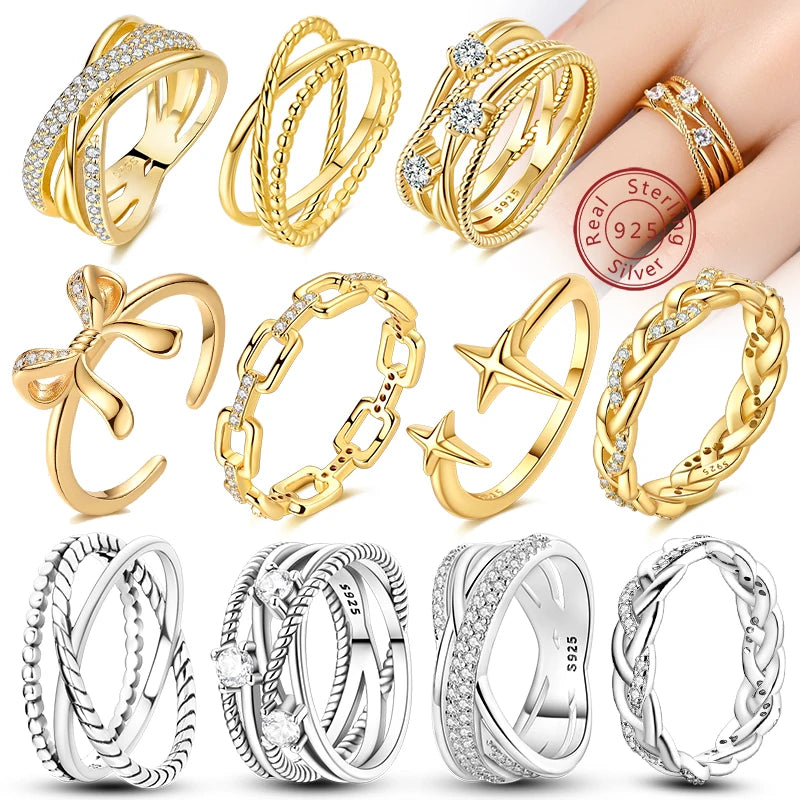 luckacco new 925 sterling silver rings gold heart bow adjustable open closed ring suitable for women stacking ring fashion jewelry gift