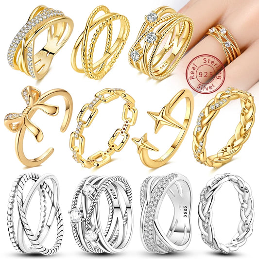 Luckacco New 925 Sterling Silver Rings Gold Heart Bow Adjustable Open Closed Ring Suitable for Women Stacking Ring Fashion Jewelry Gift