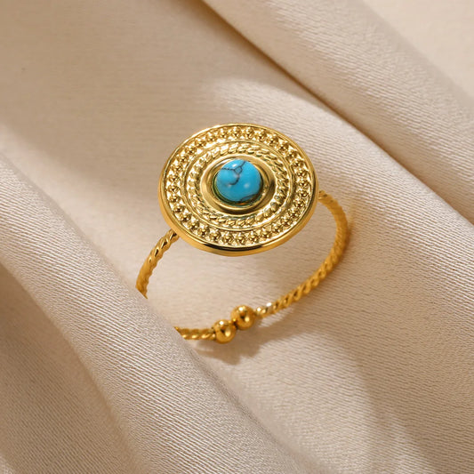 Luckacco Stainless Steel Rings Natural Stone Lucky Jewelry Round Sun Vintage Gold Color Ring For Women Anniversary Gift New Female Male
